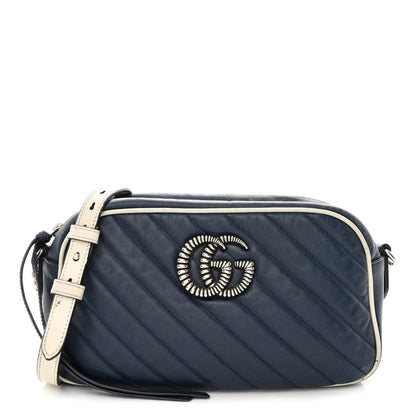 Gucci Vintage Effect Calfskin Matelasse Diagonal Small Torchon GG Marmont Chain Shoulder Bag Blue Agata Mystic White 1 of 17
