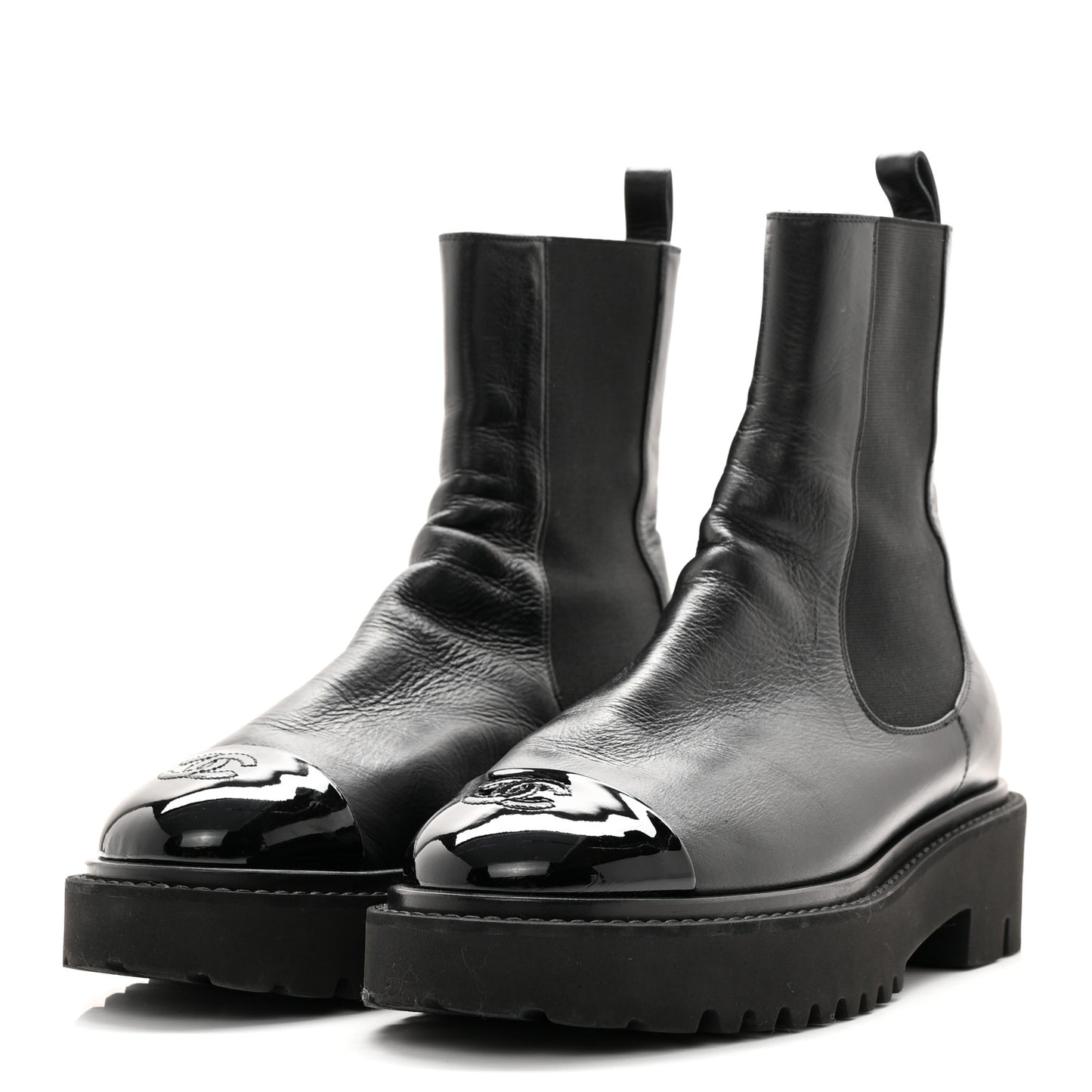 Crumpled Calfskin Patent Cap Toe Short Boots 39.5 Black