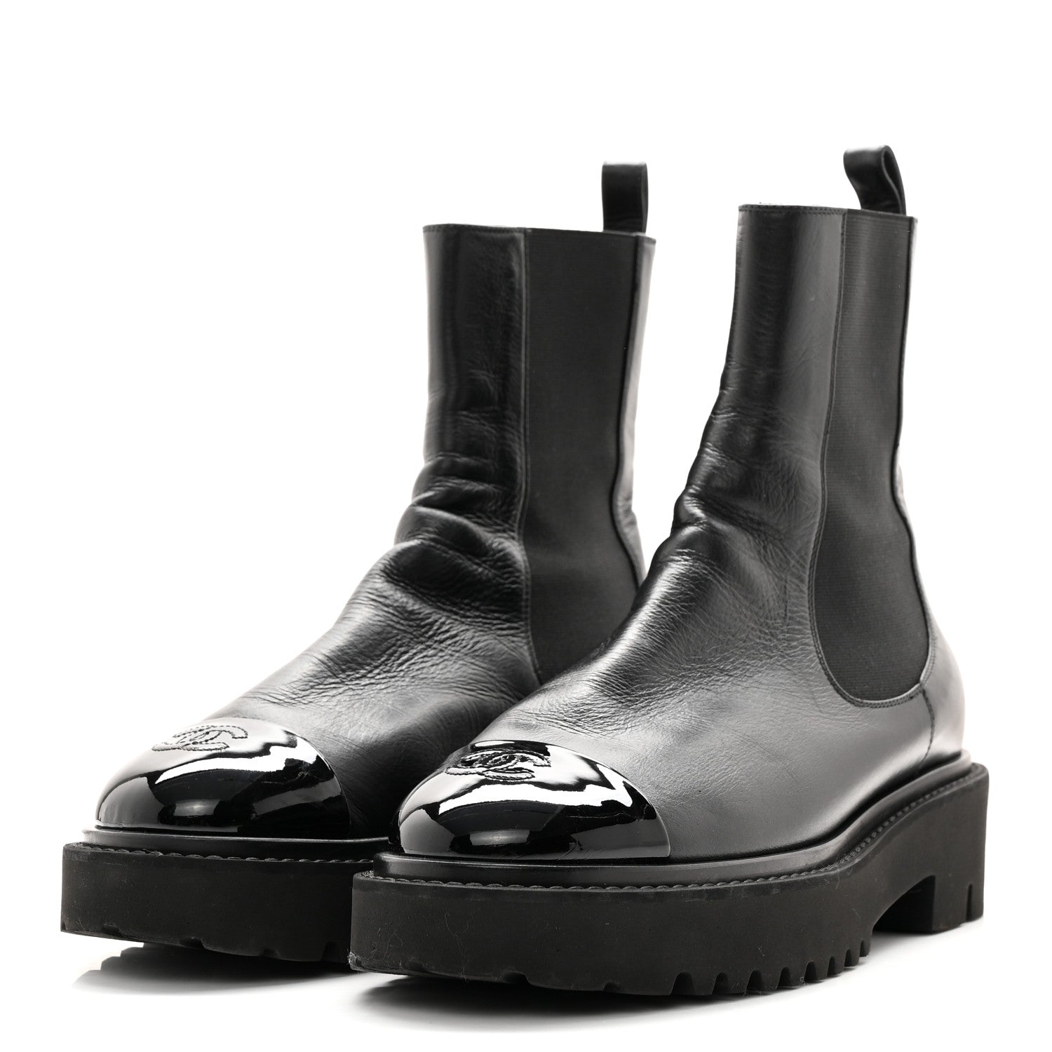 Chanel Crumpled Calfskin Patent Cap Toe Short Boots 39.5 Black 3 of 13