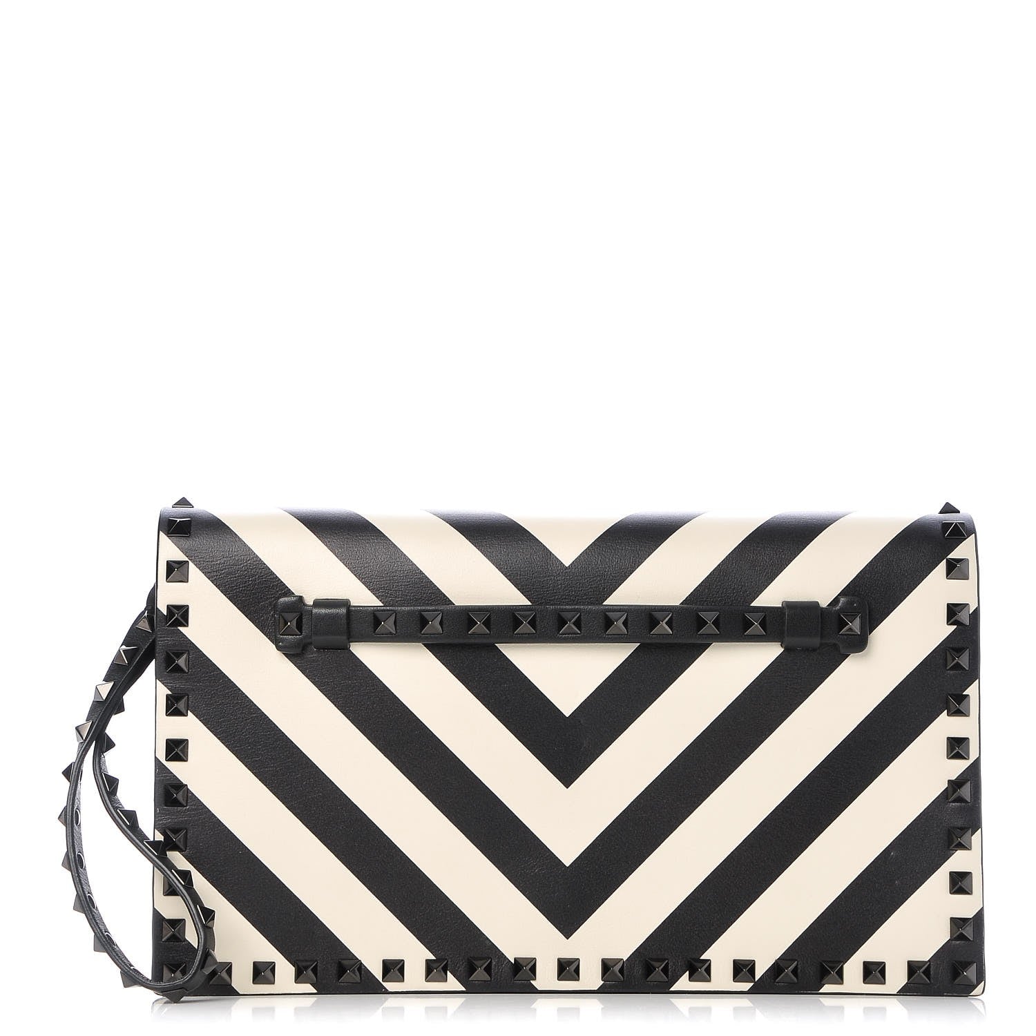 Valentino Garavani Nappa Chevron Striped Rockstud Wristlet Clutch Light Ivory Black 1 of 11
