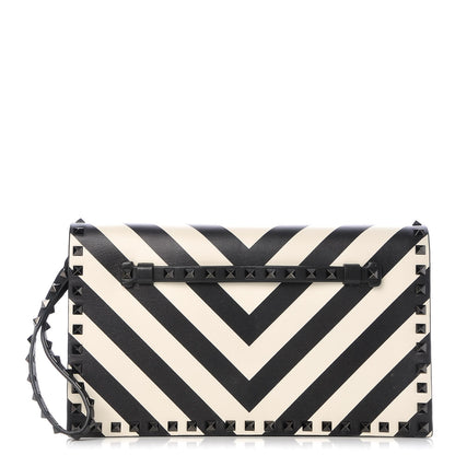Valentino Garavani Nappa Chevron Striped Rockstud Wristlet Clutch Light Ivory Black 1 of 11