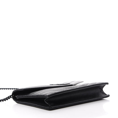 Saint Laurent Grain De Poudre Matelasse Chevron Monogram Monochrome Envelope Chain Wallet Black 4 of 10