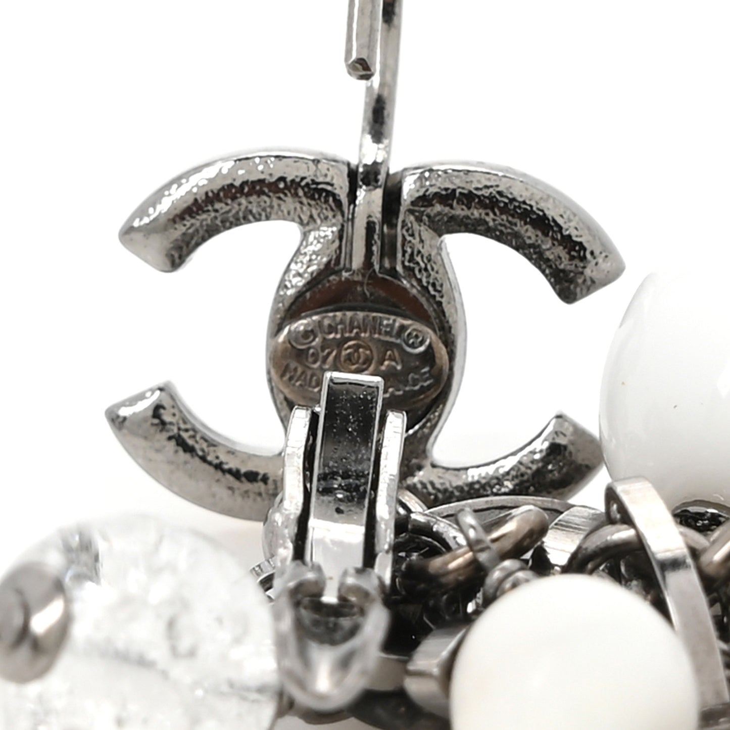 Enamel Beaded CC Drop Earrings White Silver