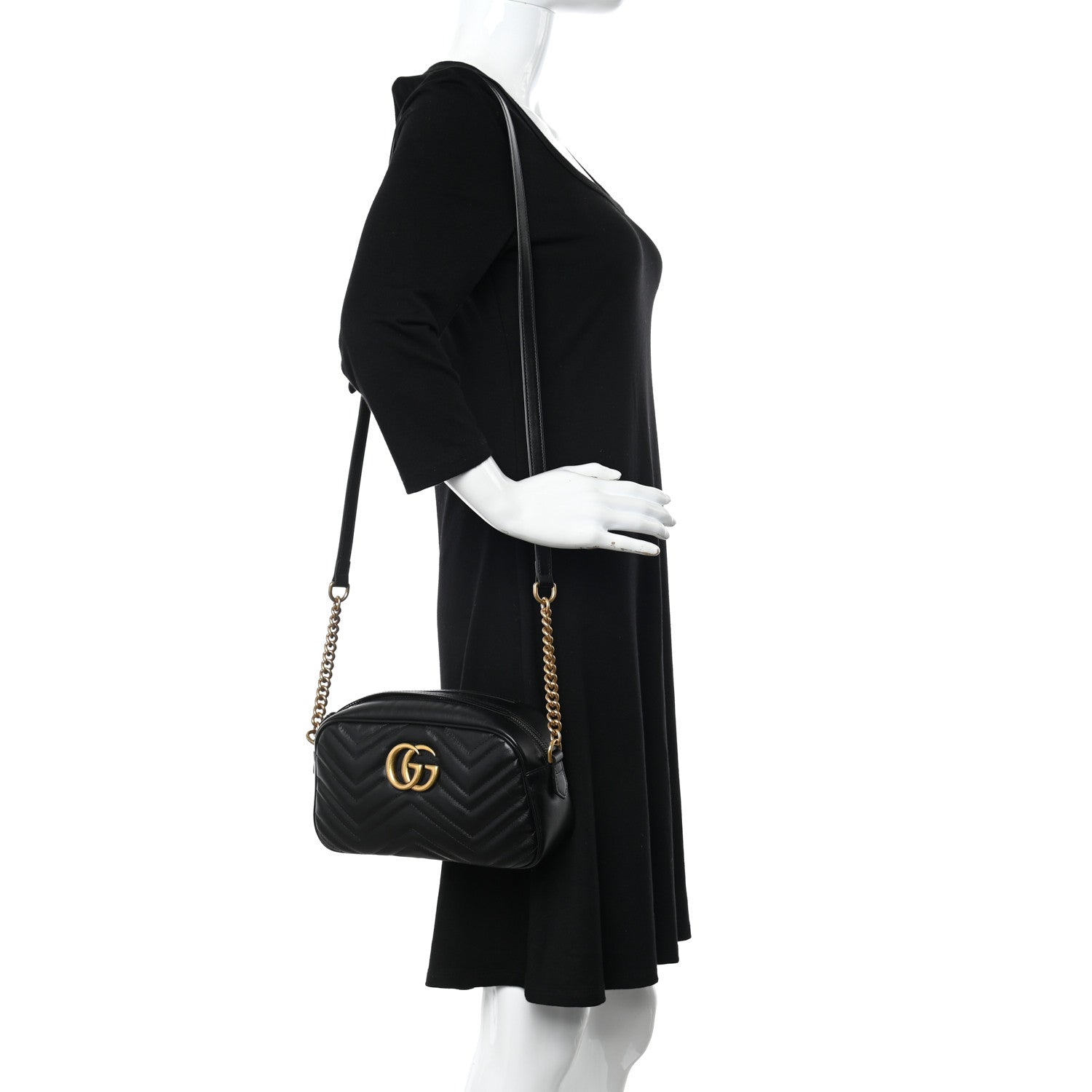 Gucci Calfskin Matelasse Small GG Marmont Chain Shoulder Bag Black 2 of 12