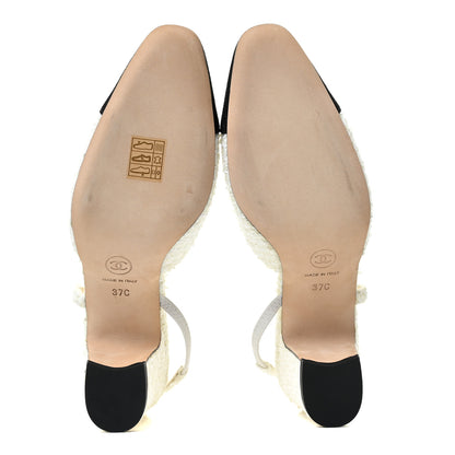 Chanel Tweed Cap Toe CC Slingback Pumps 37 Ivory Black 6 of 9