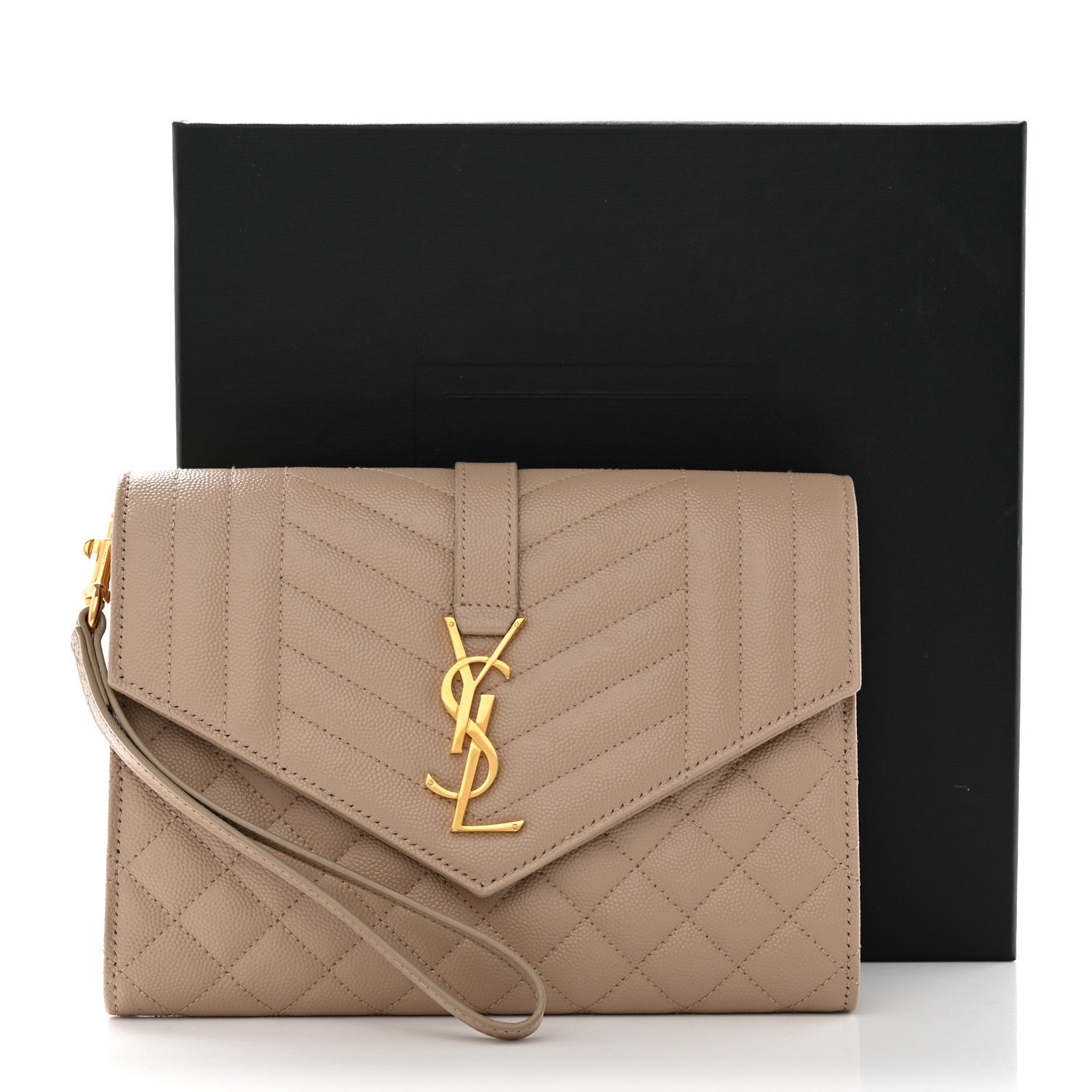 Saint Laurent Grain De Poudre Textured Mixed Matelasse Triquilt Monogram Clutch Dark Beige 8 of 8
