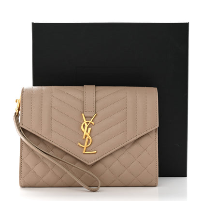 Saint Laurent Grain De Poudre Textured Mixed Matelasse Triquilt Monogram Clutch Dark Beige 8 of 8