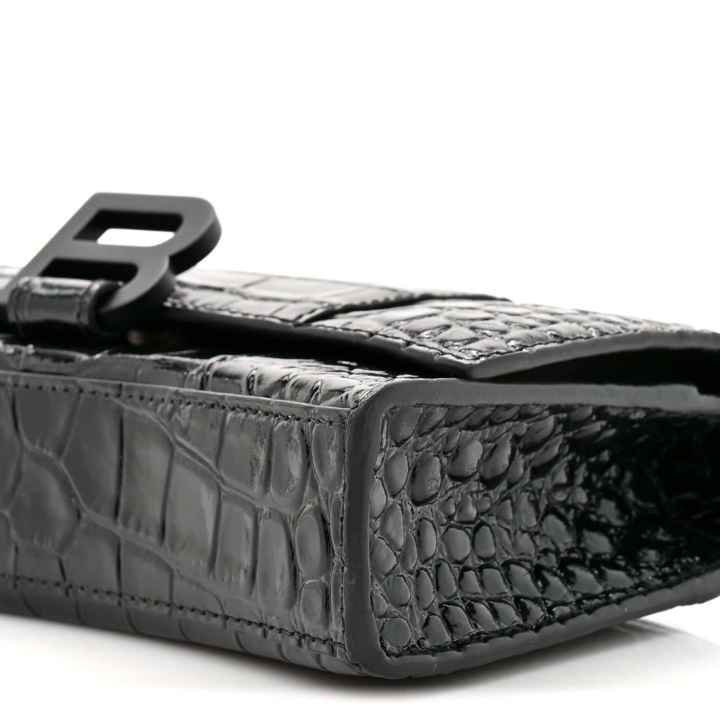 Shiny Calfskin Monochrome Crocodile Embossed Hourglass Chain Bag Black