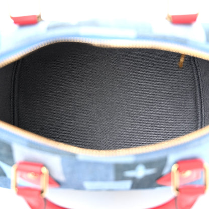 Louis Vuitton Denim Damier Monogram Patchwork Speedy Bandouliere 30 Blue Rouge 5 of 10