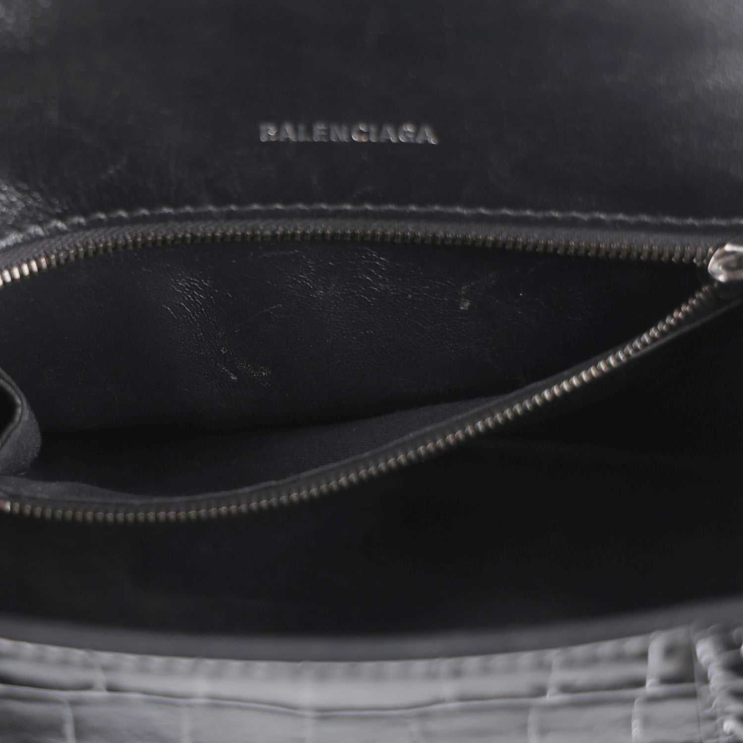 Balenciaga Shiny Calfskin Monochrome Crocodile Embossed Small Hourglass Top Handle Bag Black 7 of 10
