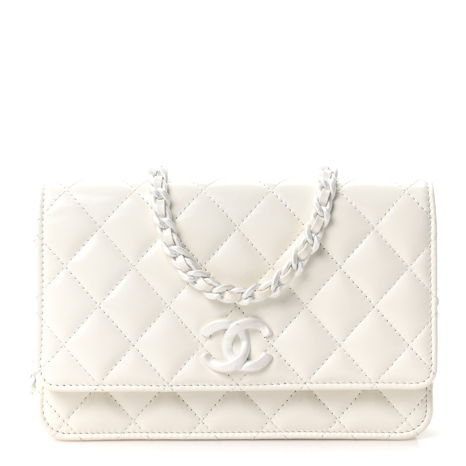 Chanel Shiny Lambskin Quilted Monochrome Wallet on Chain WOC White 1 of 12