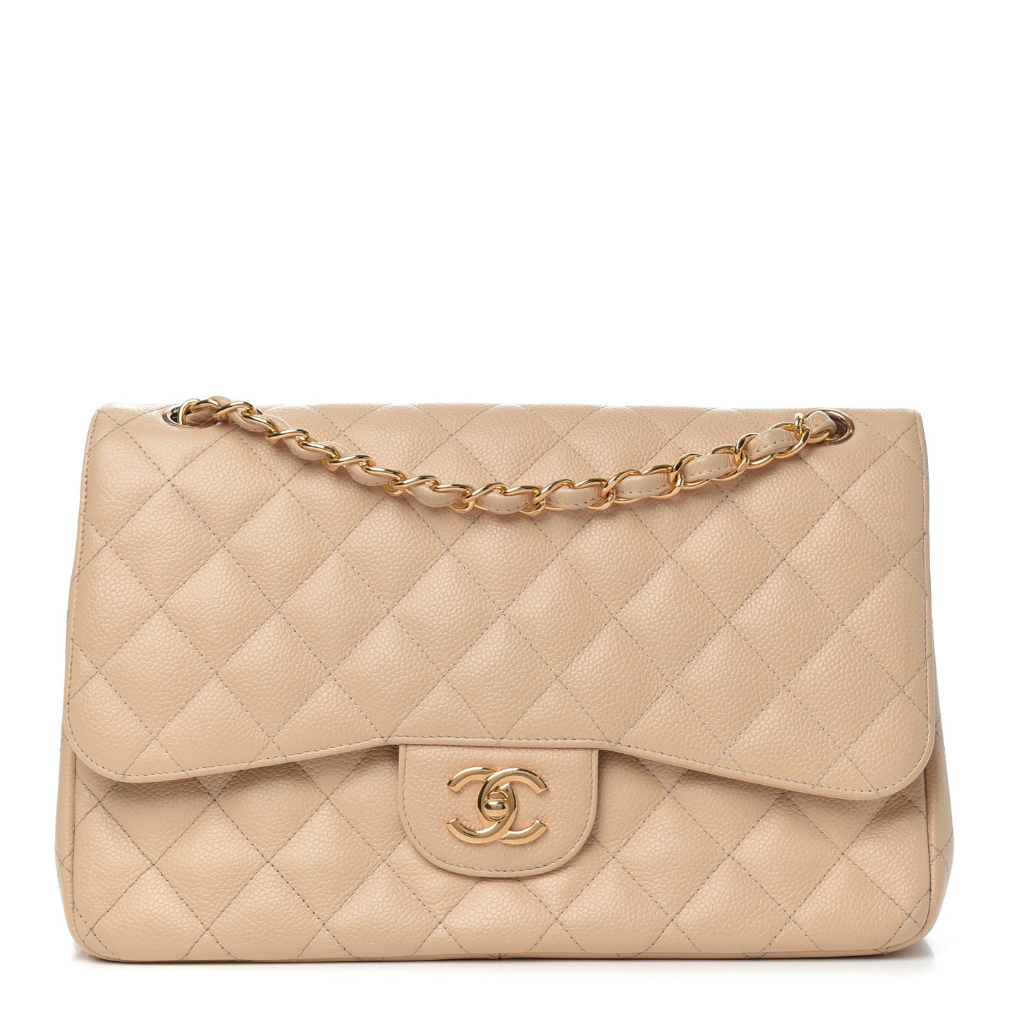 Caviar Quilted Jumbo Double Flap Beige Clair
