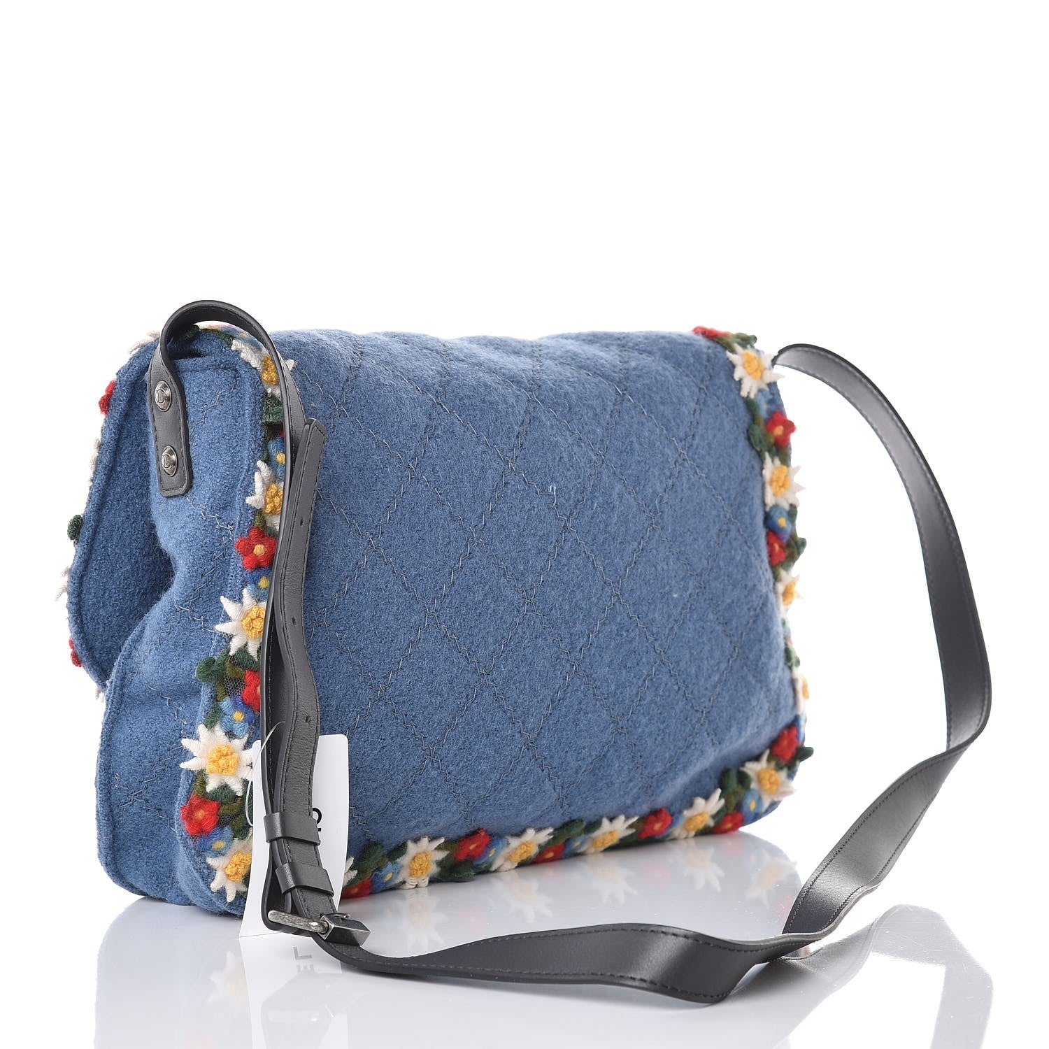 Chanel Felt Embroidered Large Crest Austrian Satchel Blue 3 of 7