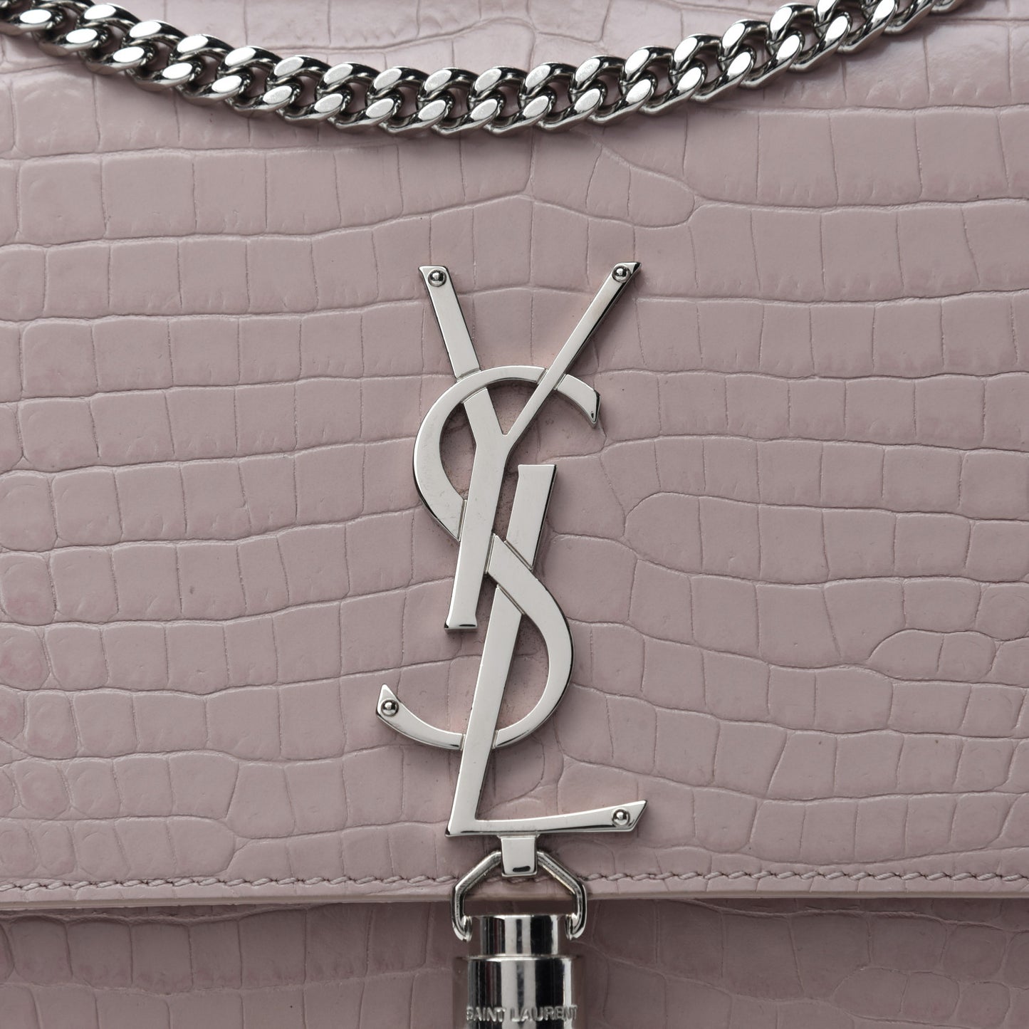 Calfskin Crocodile Embossed Medium Classic Monogram Kate Tassel Satchel Powder Pink