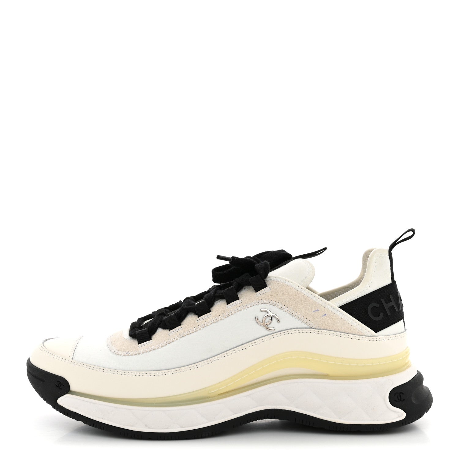 Chanel Velvet Calfskin Mixed Fibers Mens CC Sneakers 44 Ivory Black 1 of 11