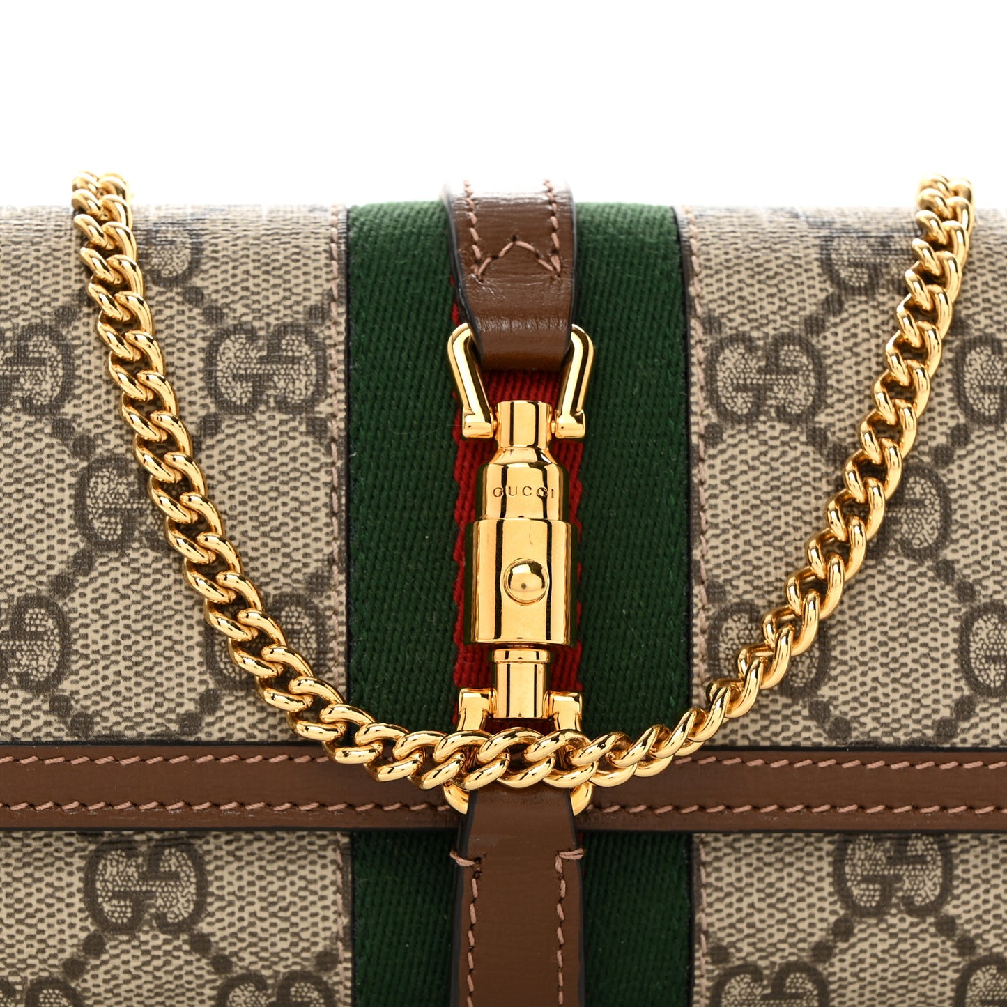 GG Supreme Monogram Azalea Calfskin Web Jackie 1961 Chain Wallet Beige Ebony Brown Sugar