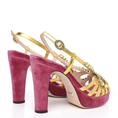 Gucci Velvet Nappa Crystal Zephyra Slingback Platform High Heel Sandals 37.5 Pink Gold 4 of 8