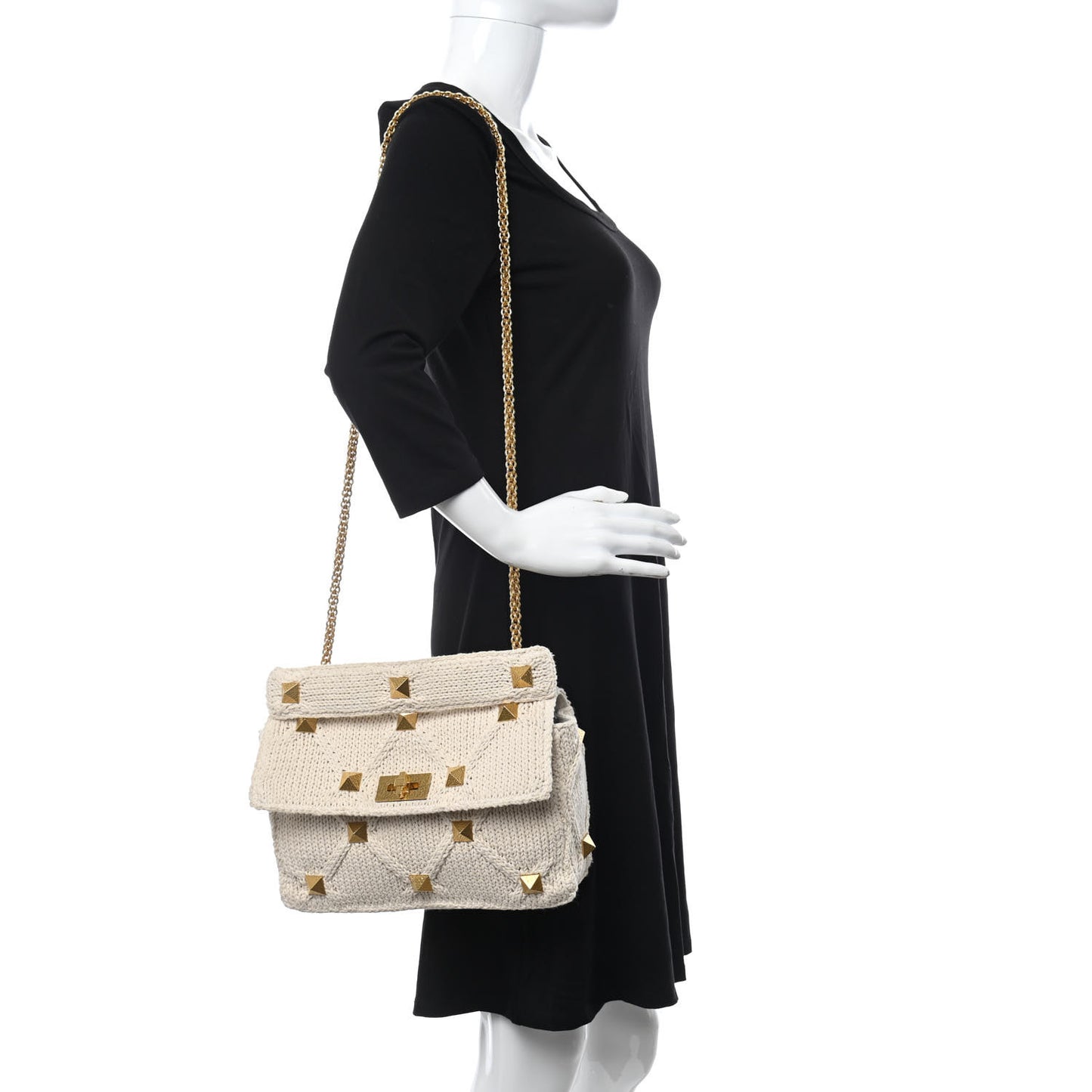 Knit Large Roman Stud Shoulder Bag Ecru