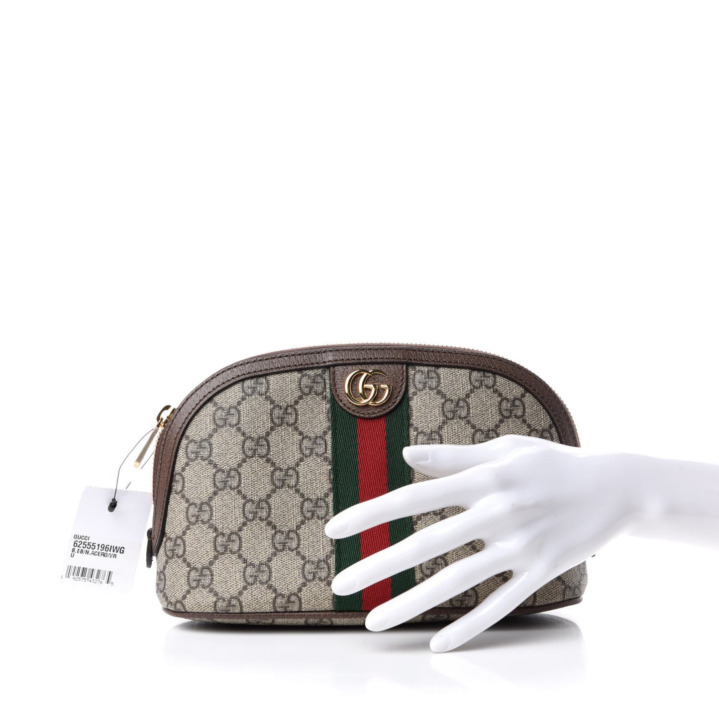 GG Supreme Monogram Textured Calfskin Web Large Ophidia Cosmetic Case Beige Ebony New Acero