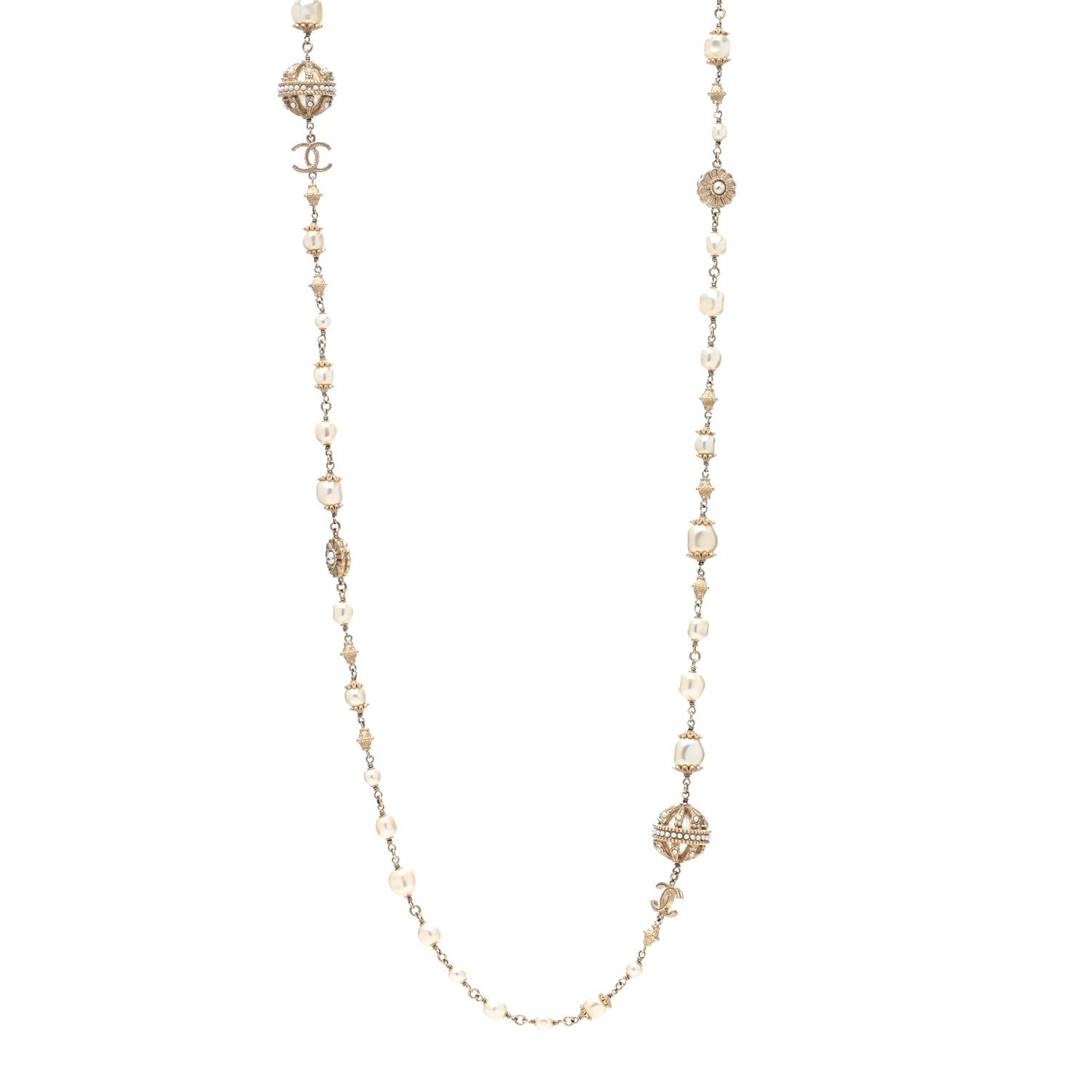 Chanel Pearl Crystal Flower CC Long Necklace Golden Pearly White 2 of 4