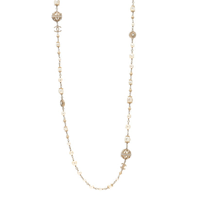 Chanel Pearl Crystal Flower CC Long Necklace Golden Pearly White 2 of 4