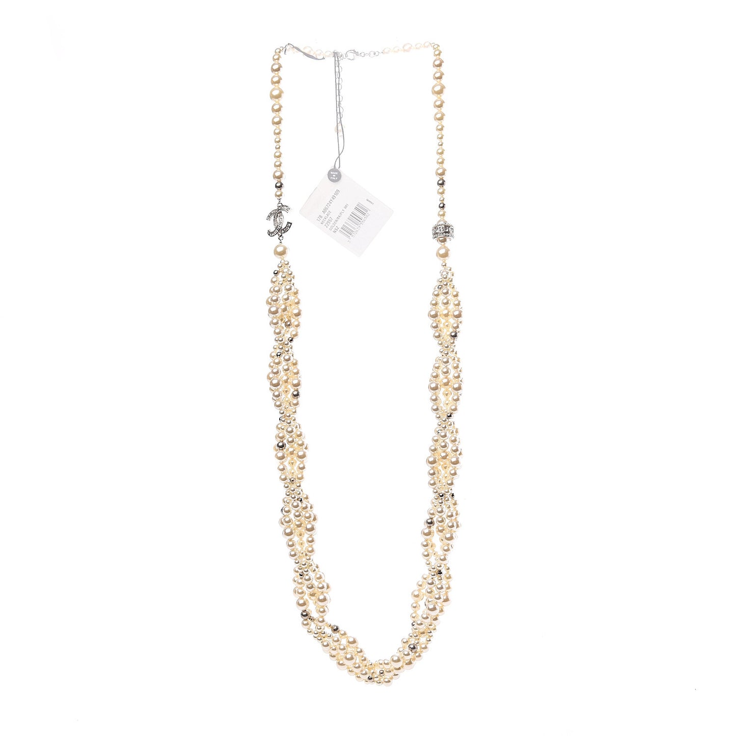 Crystal Pearl CC Braided Necklace Silver Pearly White