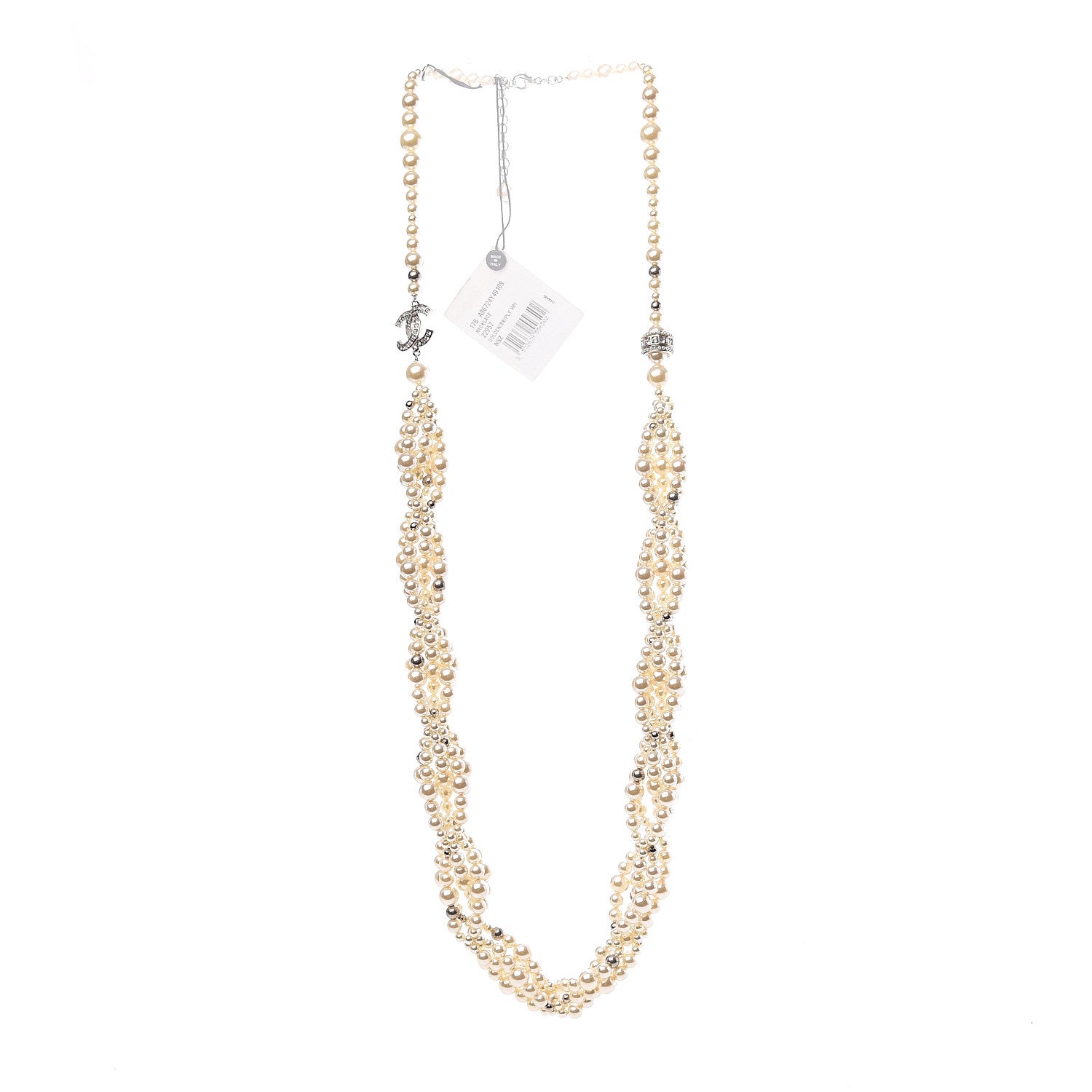 Chanel Crystal Pearl CC Braided Necklace Silver Pearly White 2 of 6