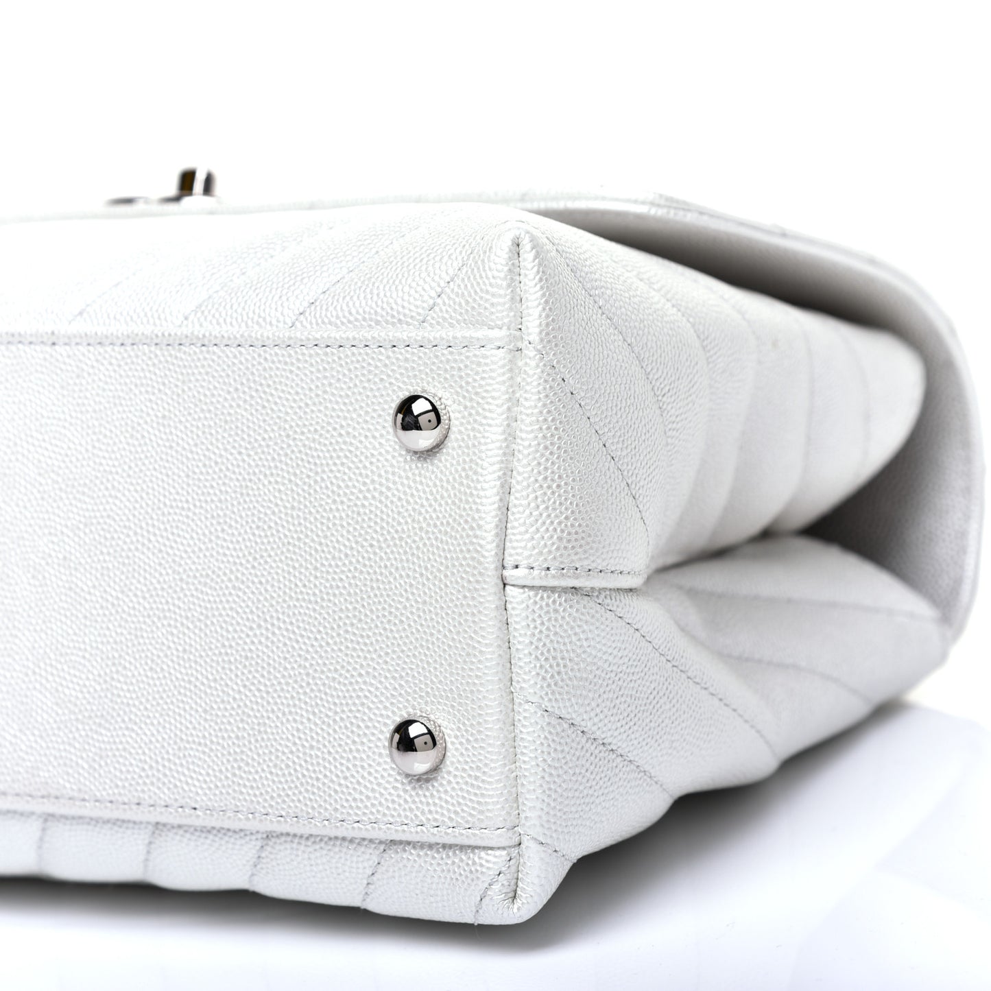 Iridescent Caviar Chevron Quilted Small Coco Handle Flap White