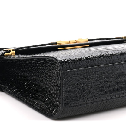 Saint Laurent Shiny Calfskin Crocodile Embossed Manhattan Baguette Black 8 of 9