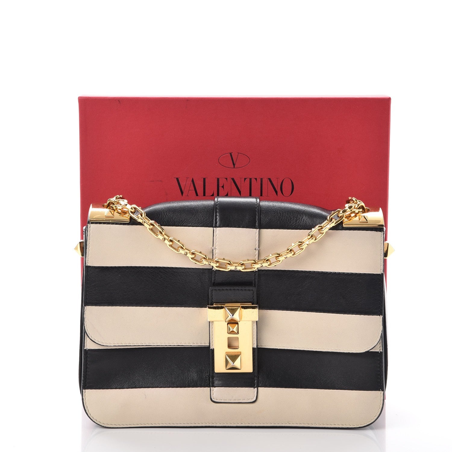 Valentino Garavani Nappa Striped B-Rockstud Flap Black Light Ivory 12 of 12