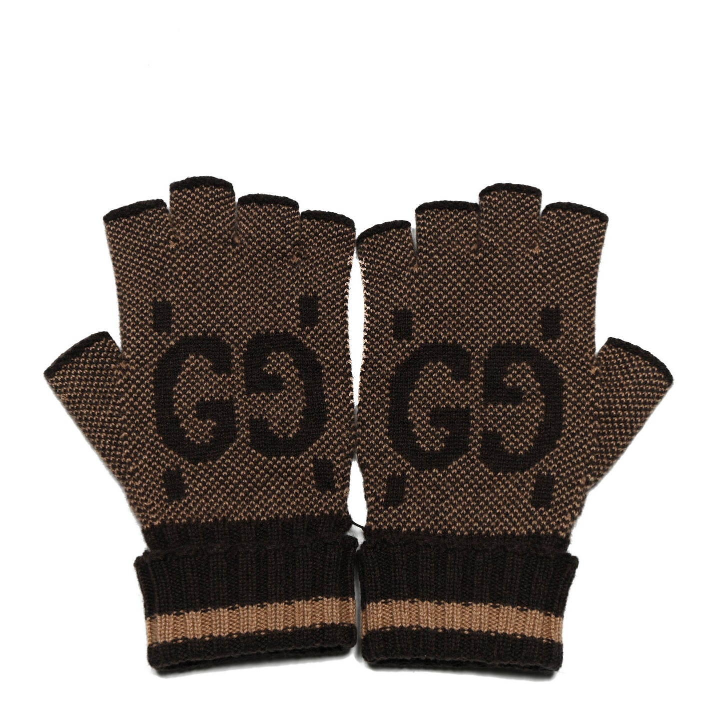 Cashmere GG Fingerless Gloves L Beige Dark Brown