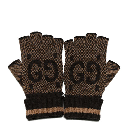 Gucci Cashmere GG Fingerless Gloves L Beige Dark Brown 1 of 5