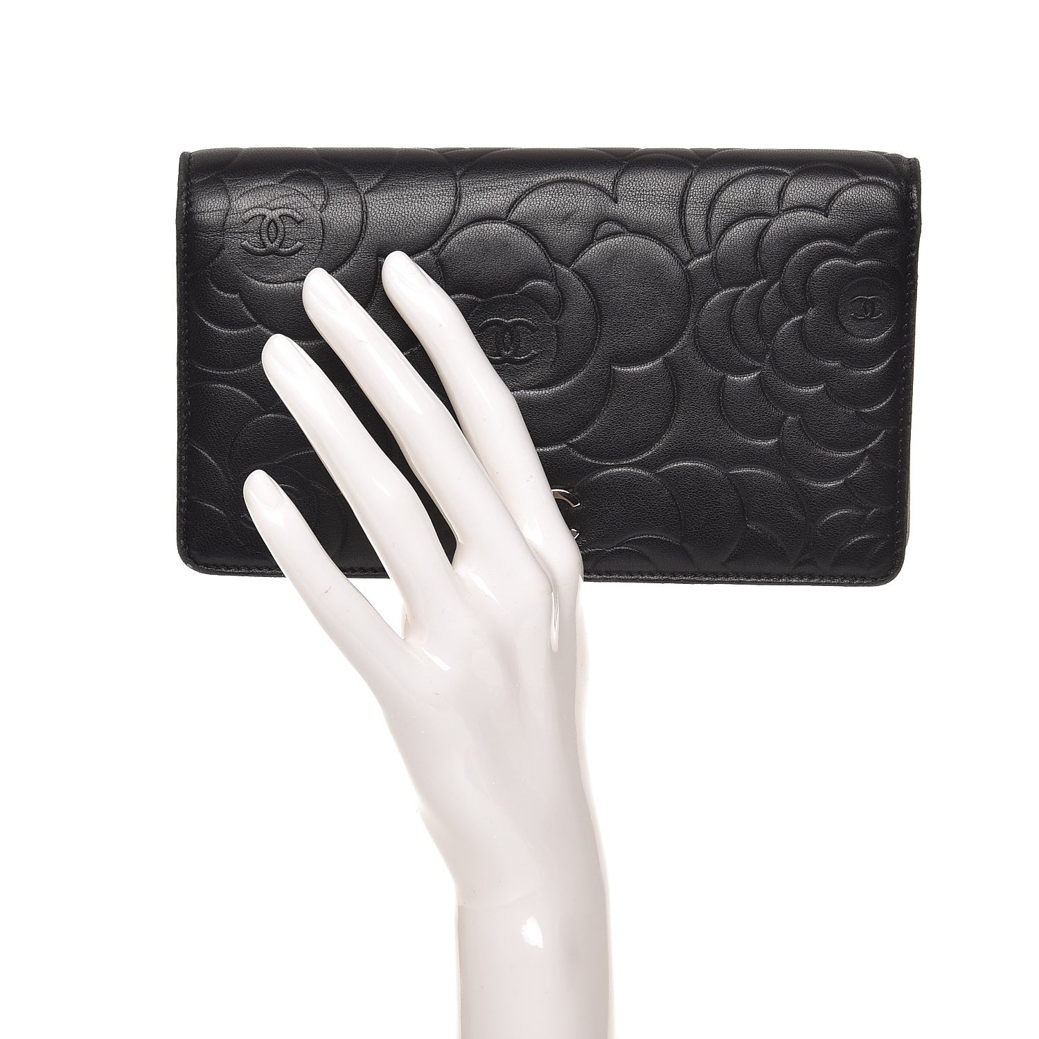 Chanel Lambskin Camellia Embossed Yen Wallet Black 2 of 8