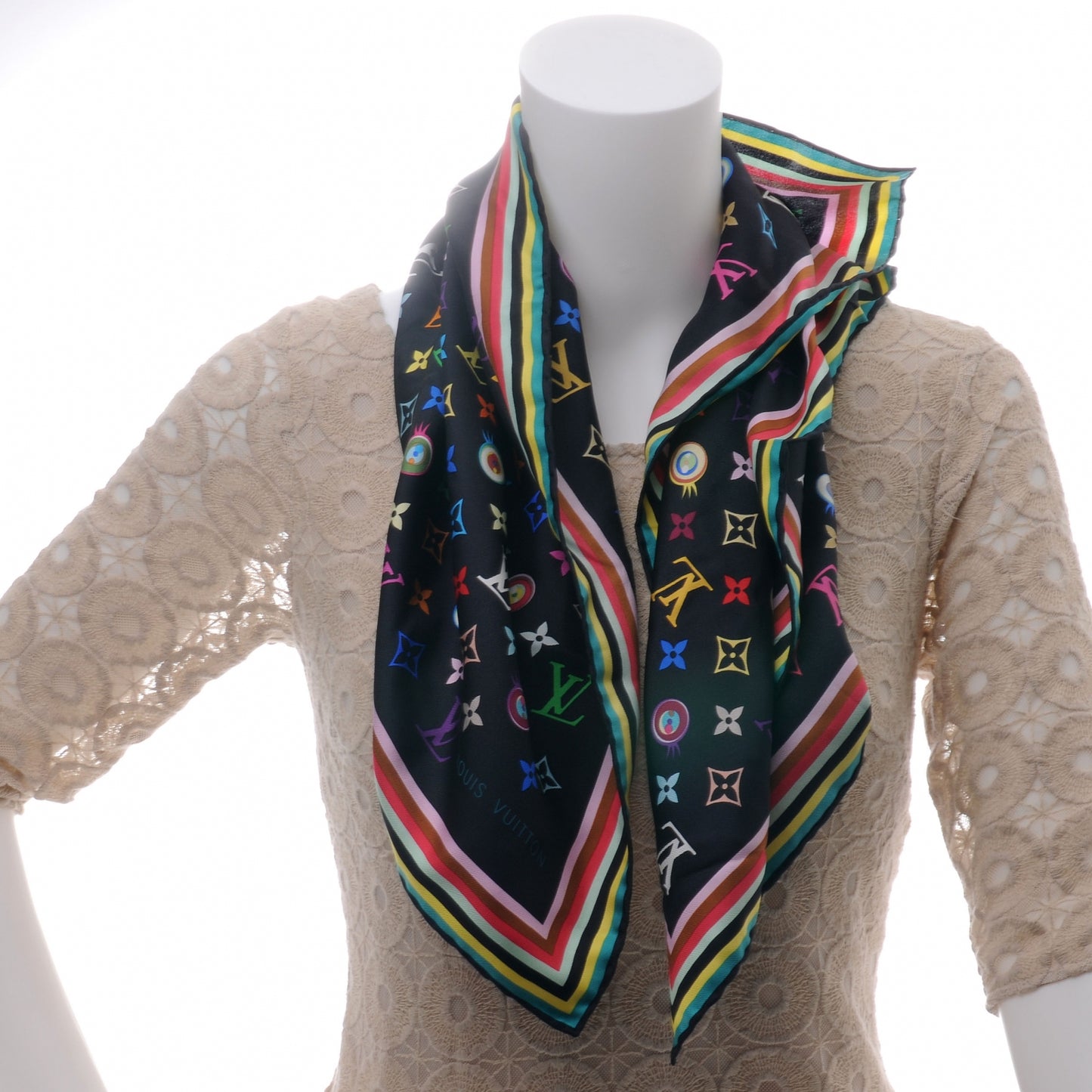 Silk Multicolor Eye Love Scarf Black
