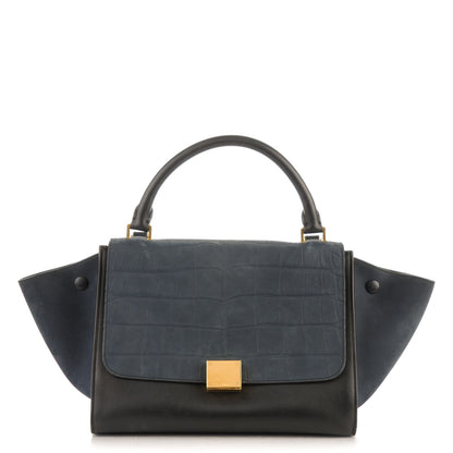 Celine Nubuck Crocodile Embossed Small Trapeze Navy 1 of 8