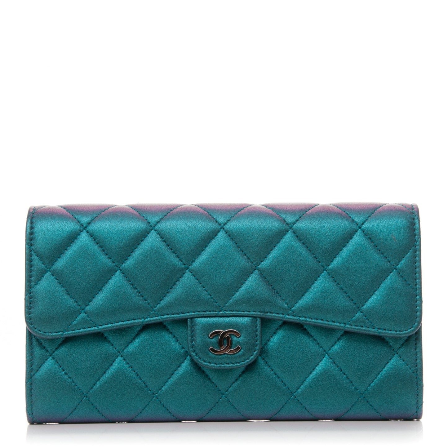 Metallic Lambskin Quilted Large Gusset Flap Wallet Turquoise