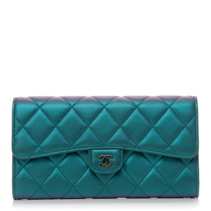 Chanel Metallic Lambskin Quilted Large Gusset Flap Wallet Turquoise 1 of 8