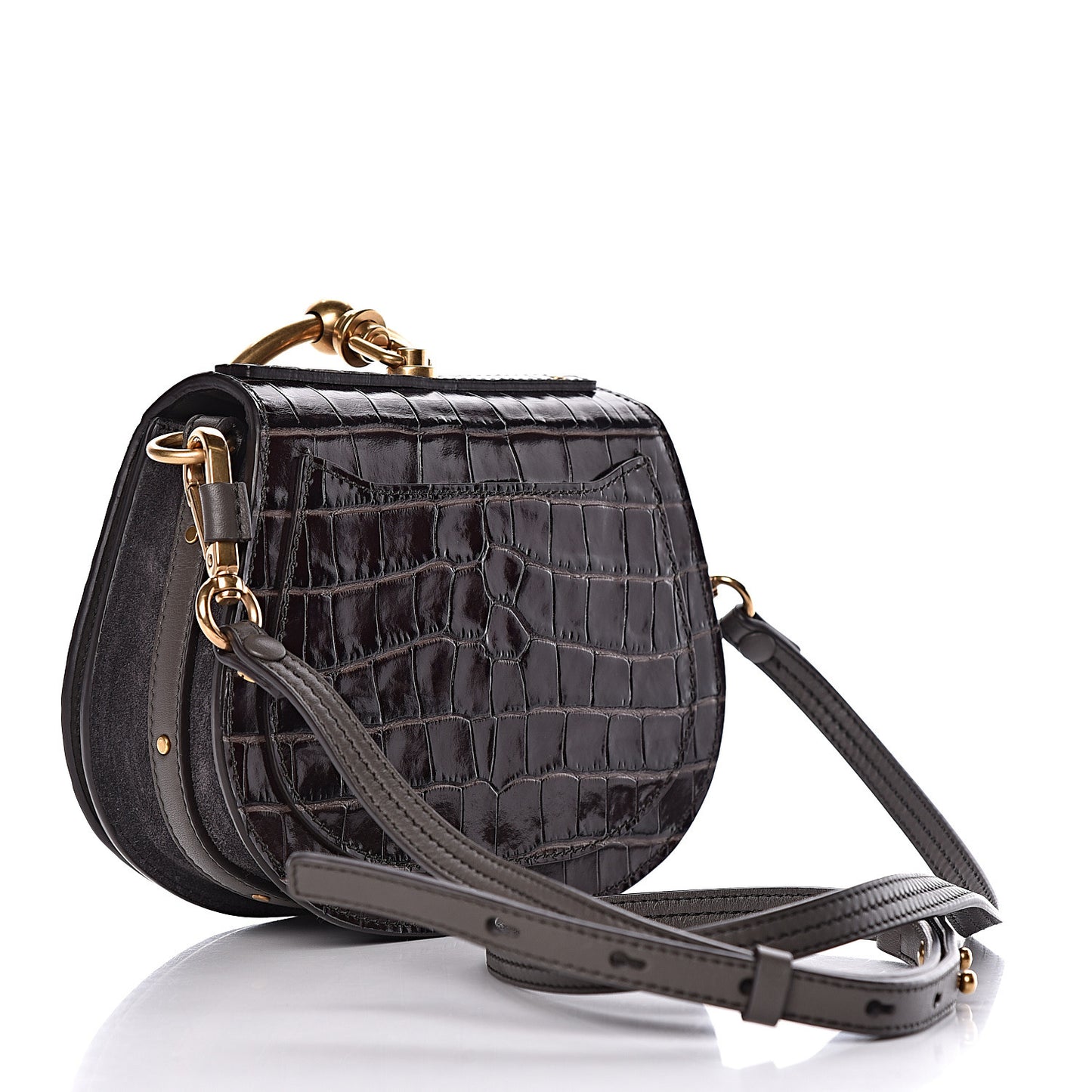 Suede Calfskin Crocodile Embossed Small Nile Bracelet Bag Profound Brown