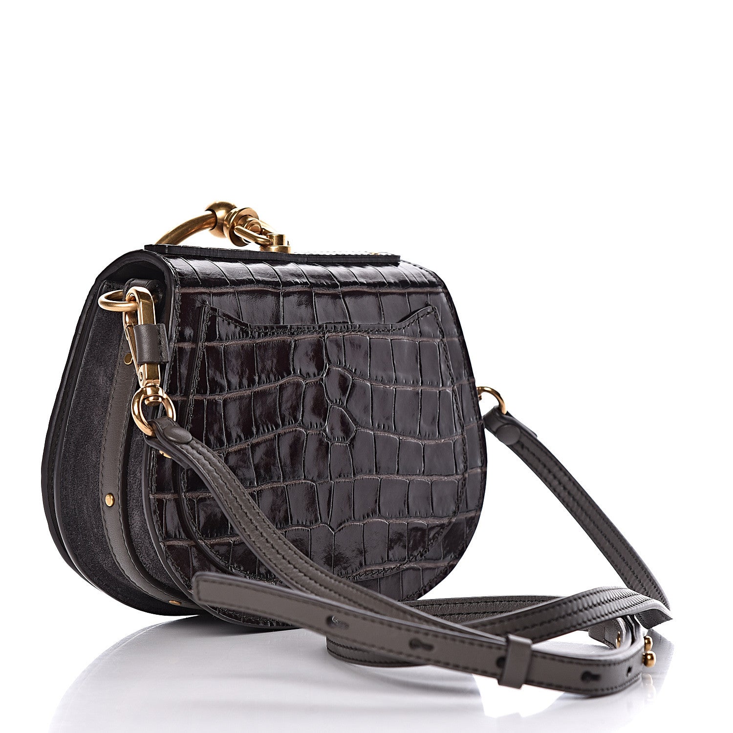 Chloe Suede Calfskin Crocodile Embossed Small Nile Bracelet Bag Profound Brown 3 of 11
