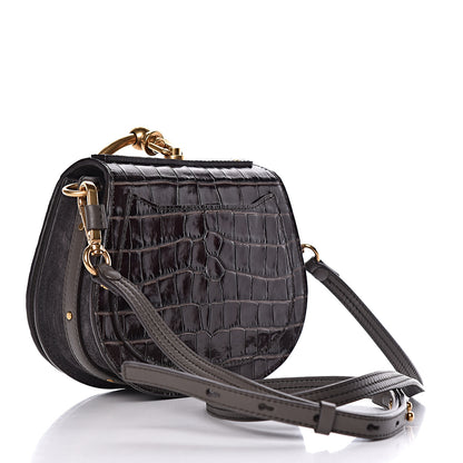 Chloe Suede Calfskin Crocodile Embossed Small Nile Bracelet Bag Profound Brown 3 of 11
