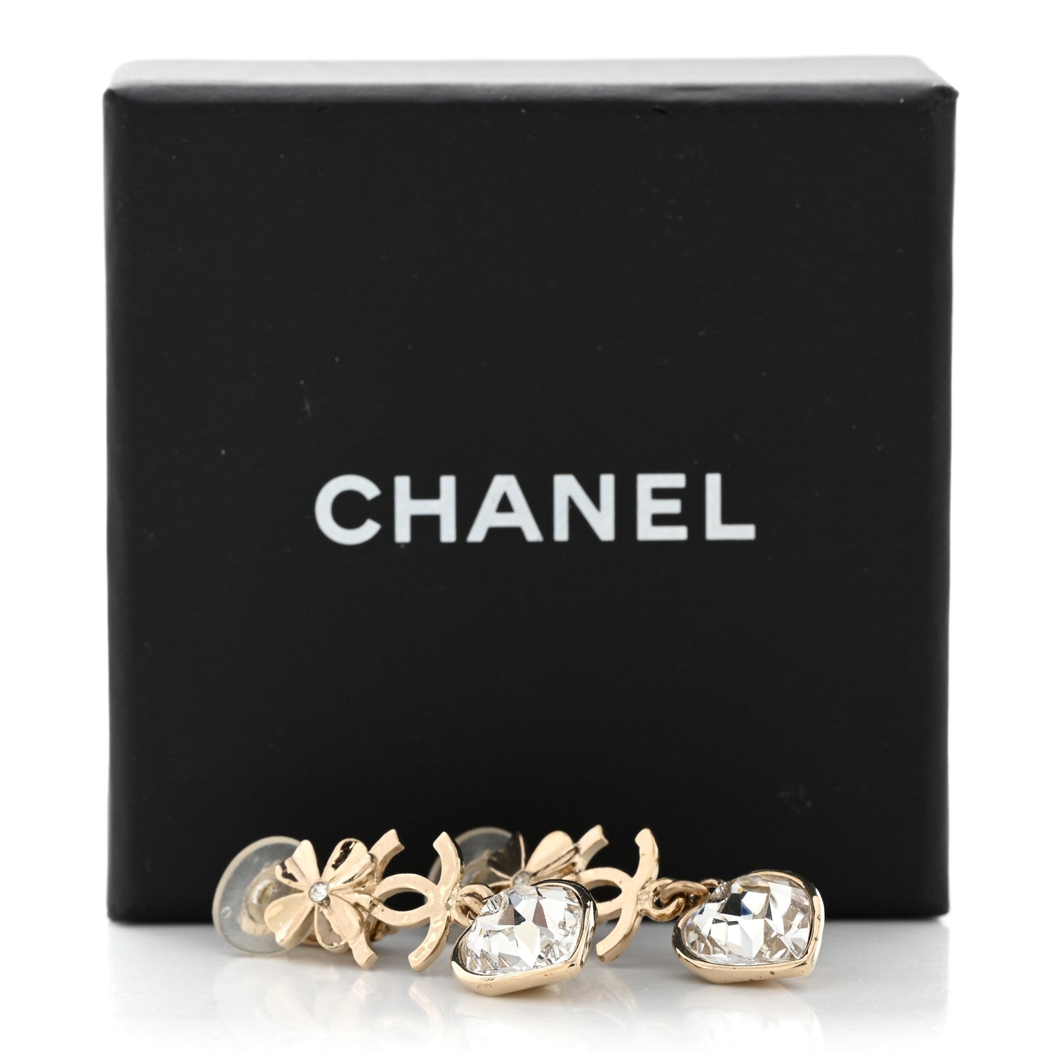 Chanel Metal Crystal CC Heart Drop Earrings Gold 5 of 5