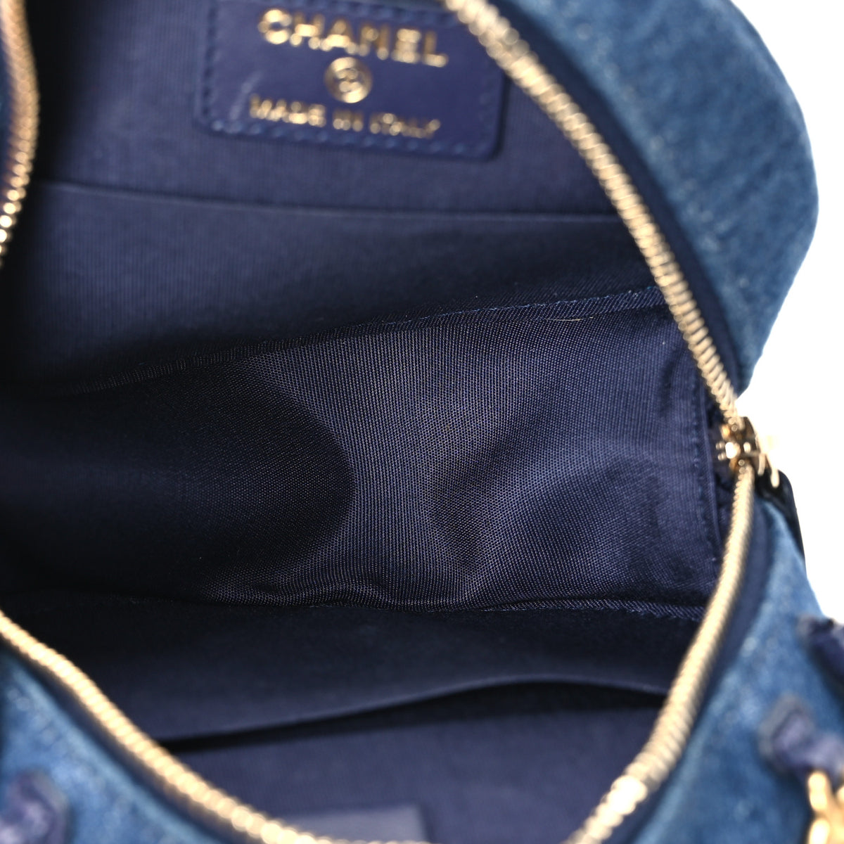 Denim Quilted Chanel 19 Round Clutch With Chain Blue