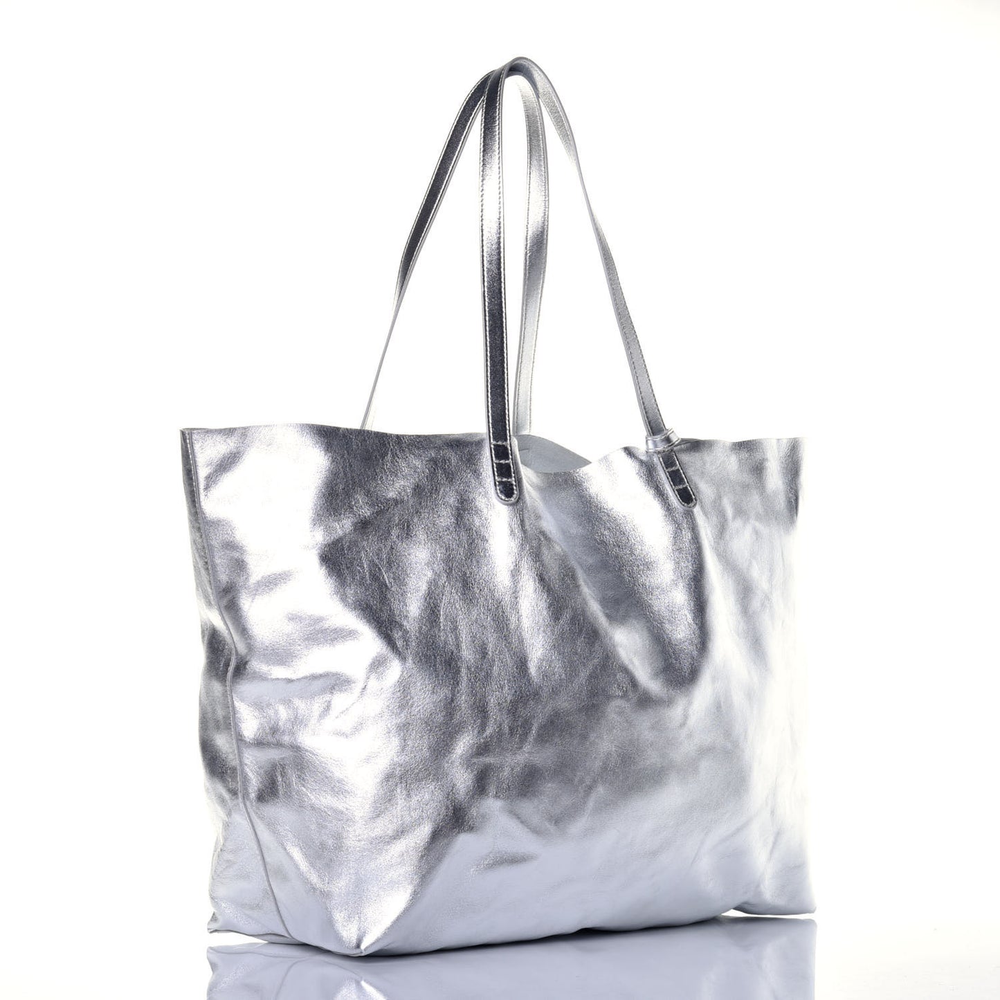 Metallic Lambskin Oversized Tote Silver