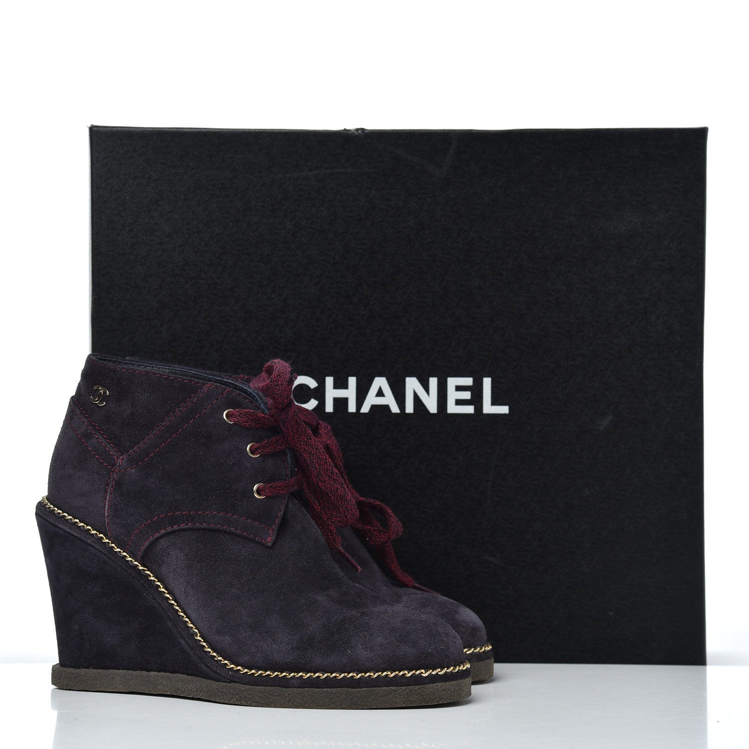 Chanel Suede Lace Up Wedge Booties 35 Dark Blue 18 of 18