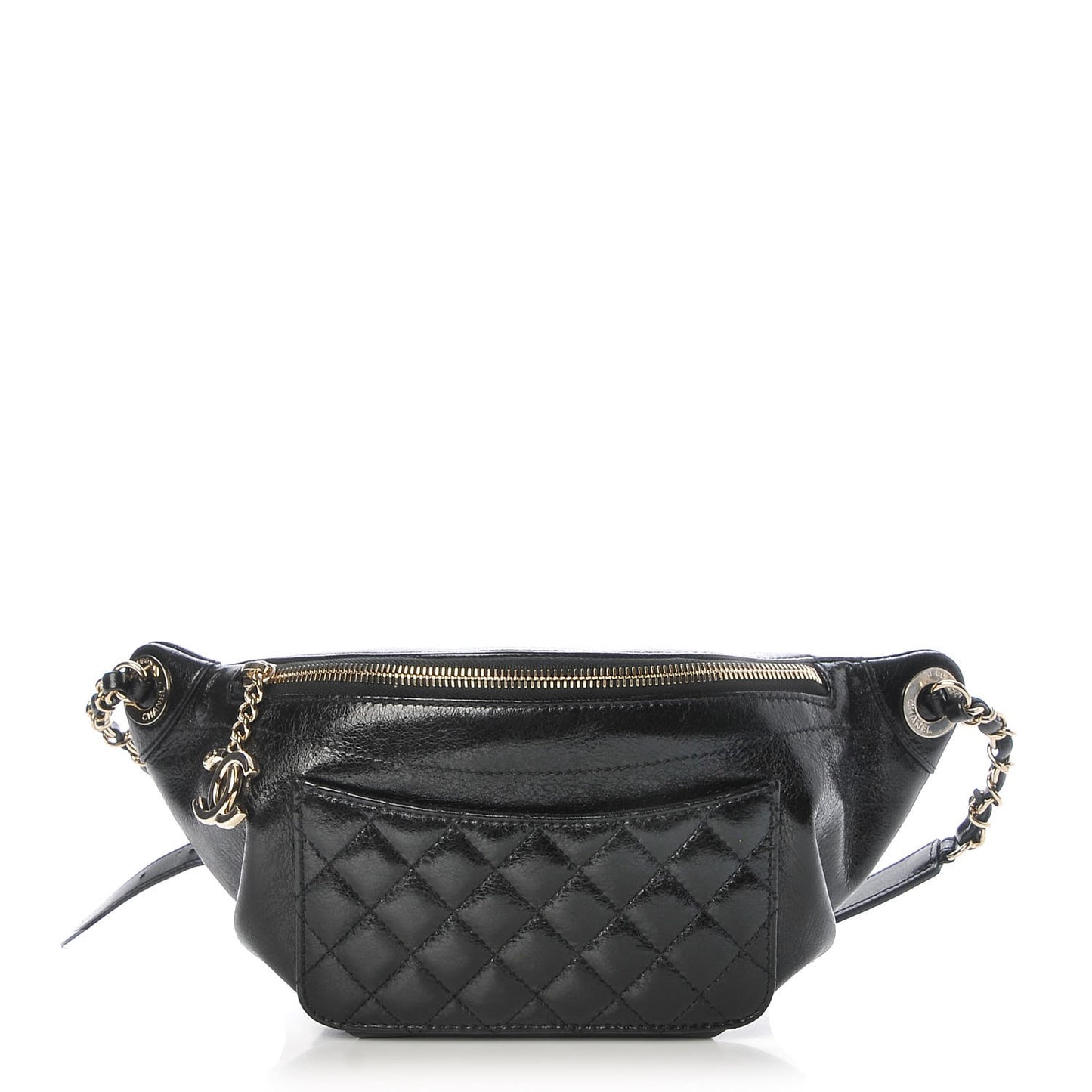 Crumpled Glazed Lambskin Quilted Waist Bag Fanny Pack Black