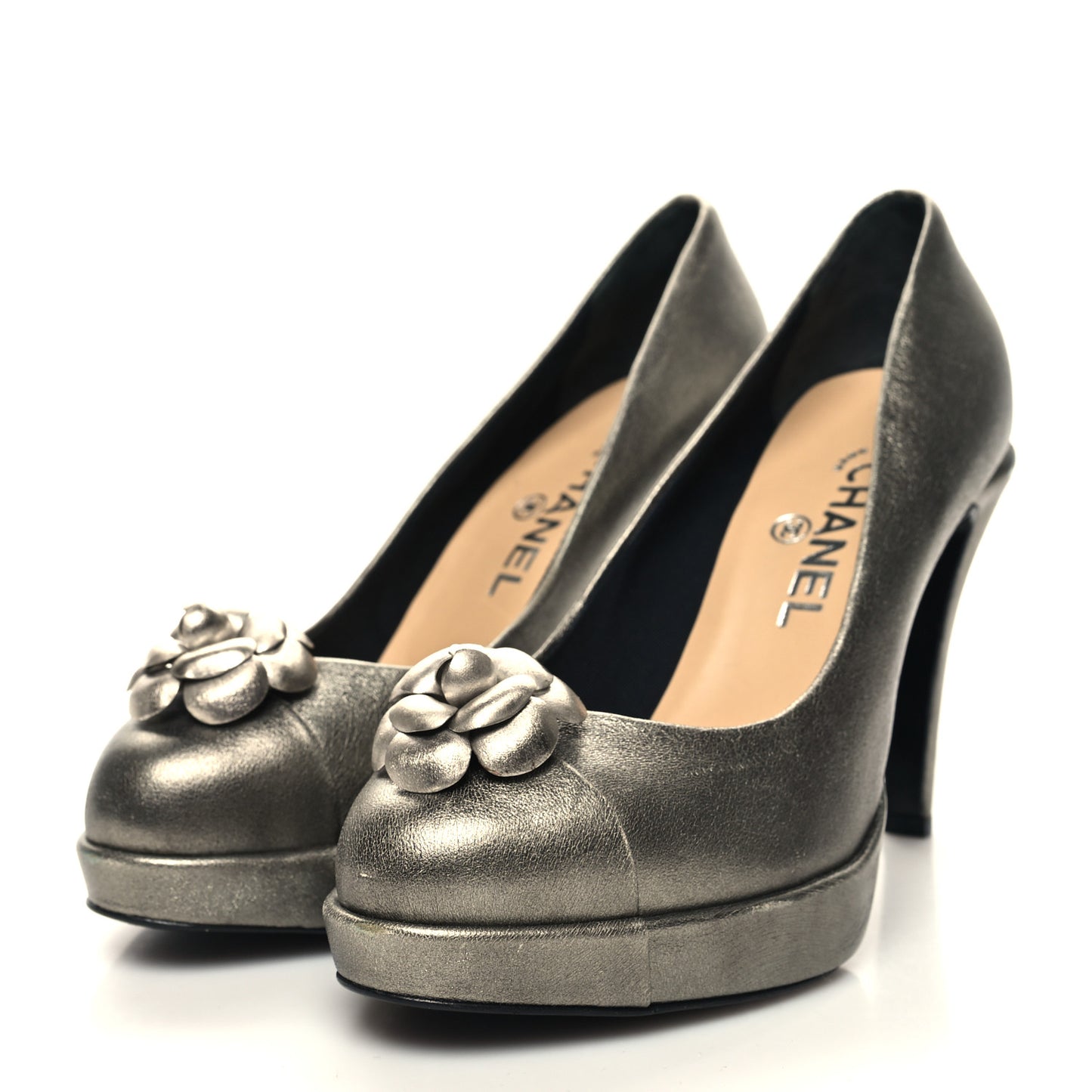 Metallic Calfskin Cap Toe Camellia Pumps 38 Metallic Grey
