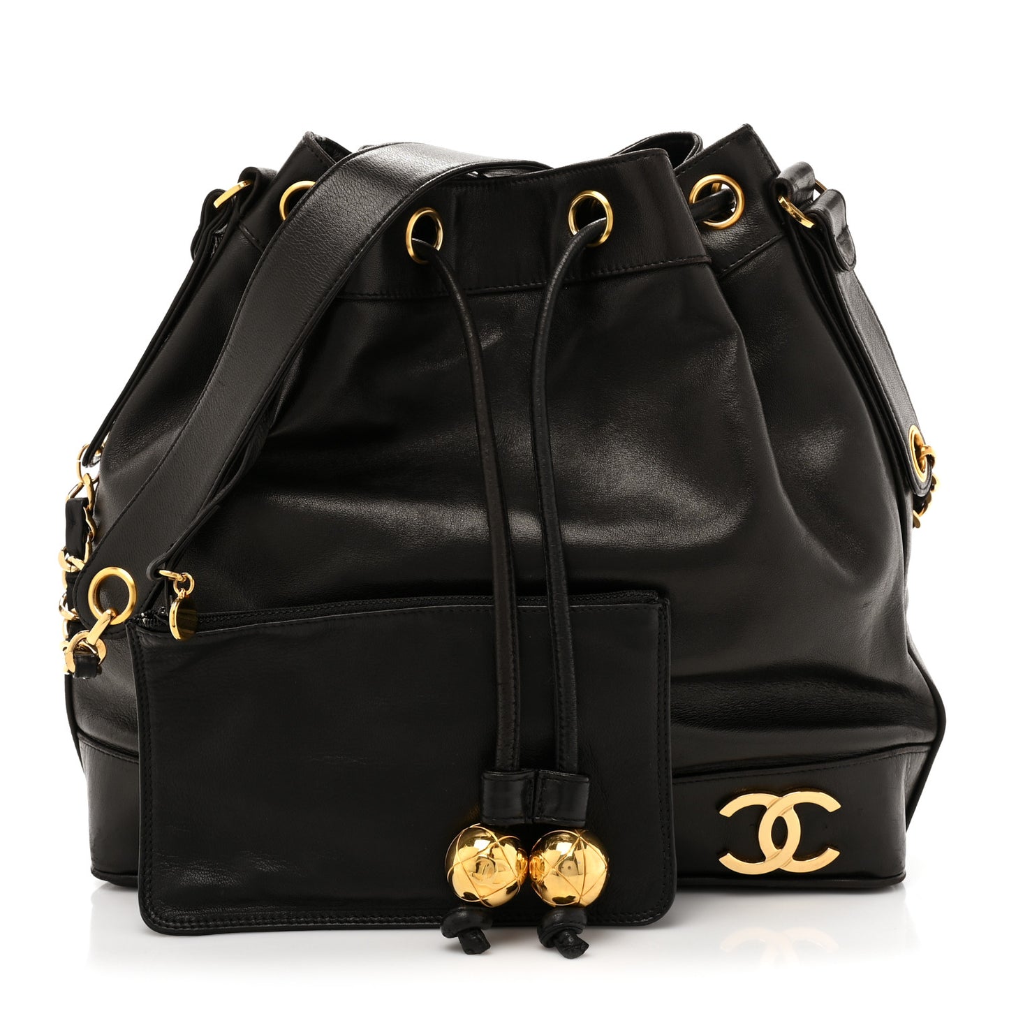 Lambskin CC Drawstring Shoulder Bag Black
