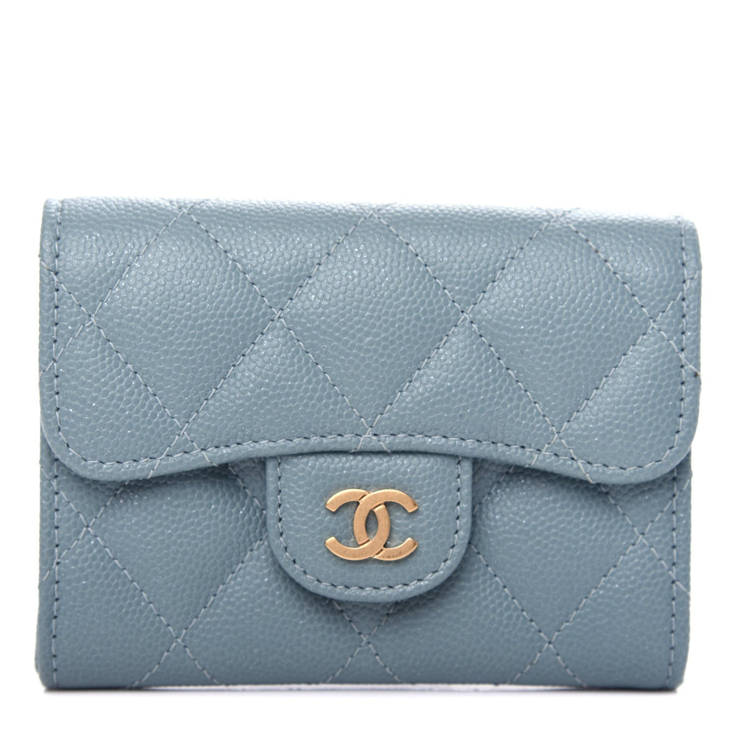 Iridescent Caviar Quilted Flap Card Holder Wallet Light Blue