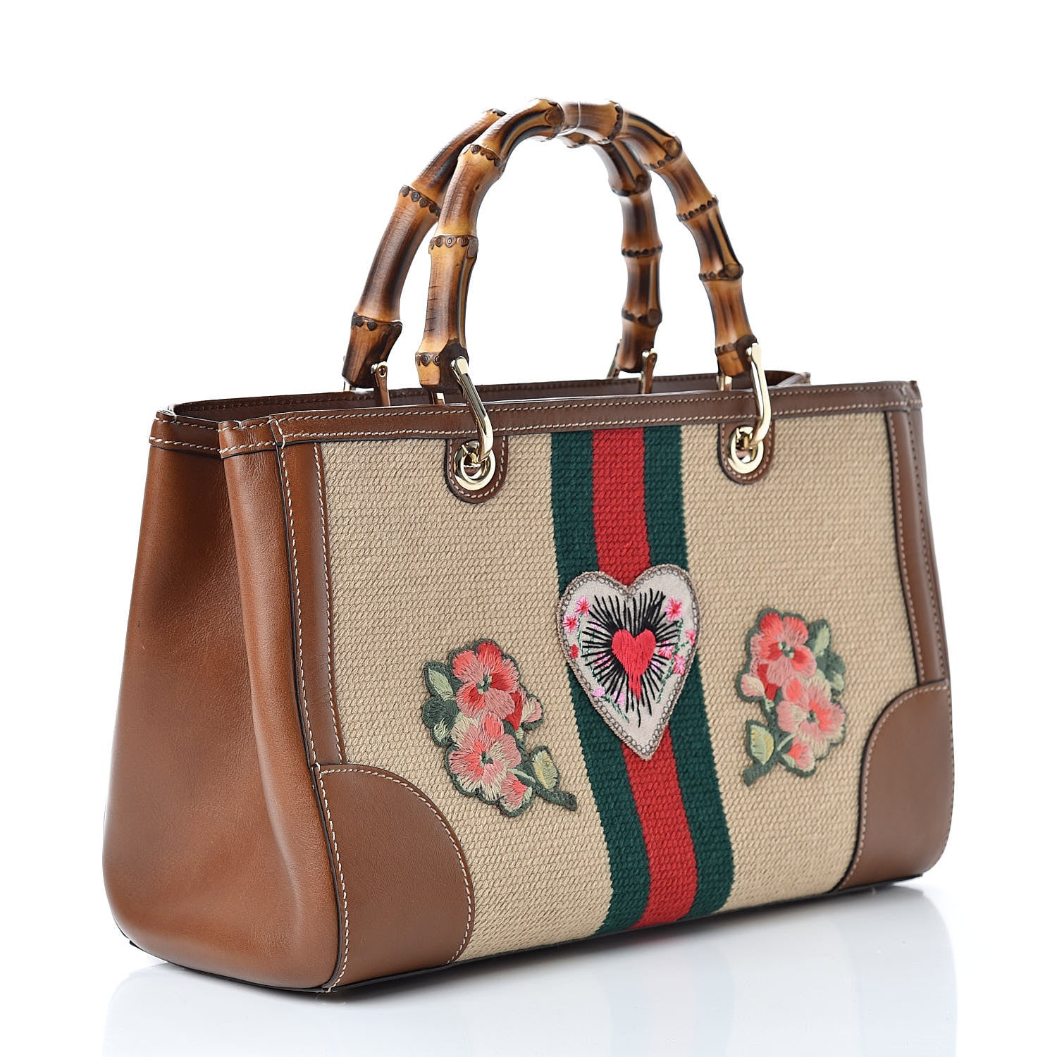 Gucci Calfskin L'Aveugle Par Amour Embroidered Medium Bamboo Shopper Tote Brown 3 of 11