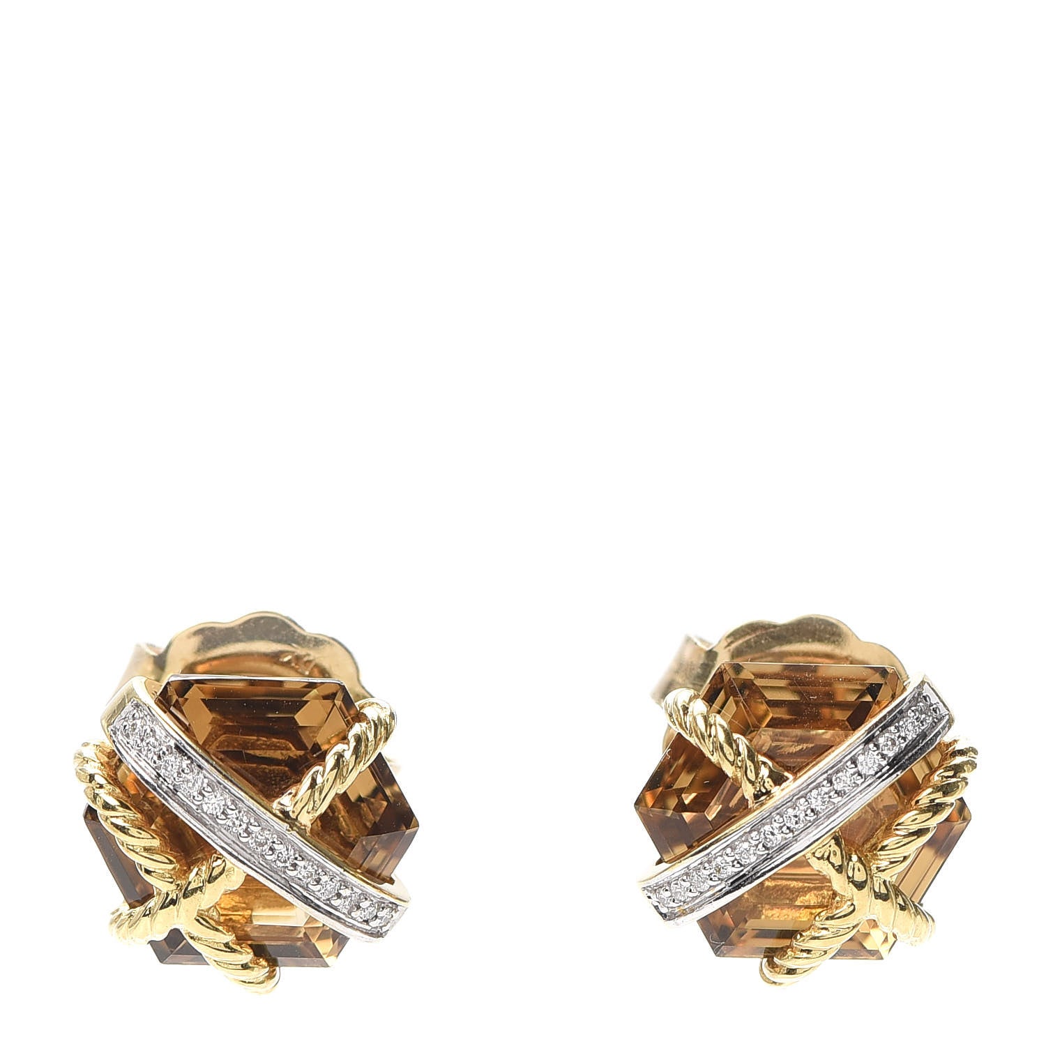 David Yurman 18K Yellow Gold White Gold Diamond Champagne Citrine 10mm Cable Wrap Earrings 1 of 4
